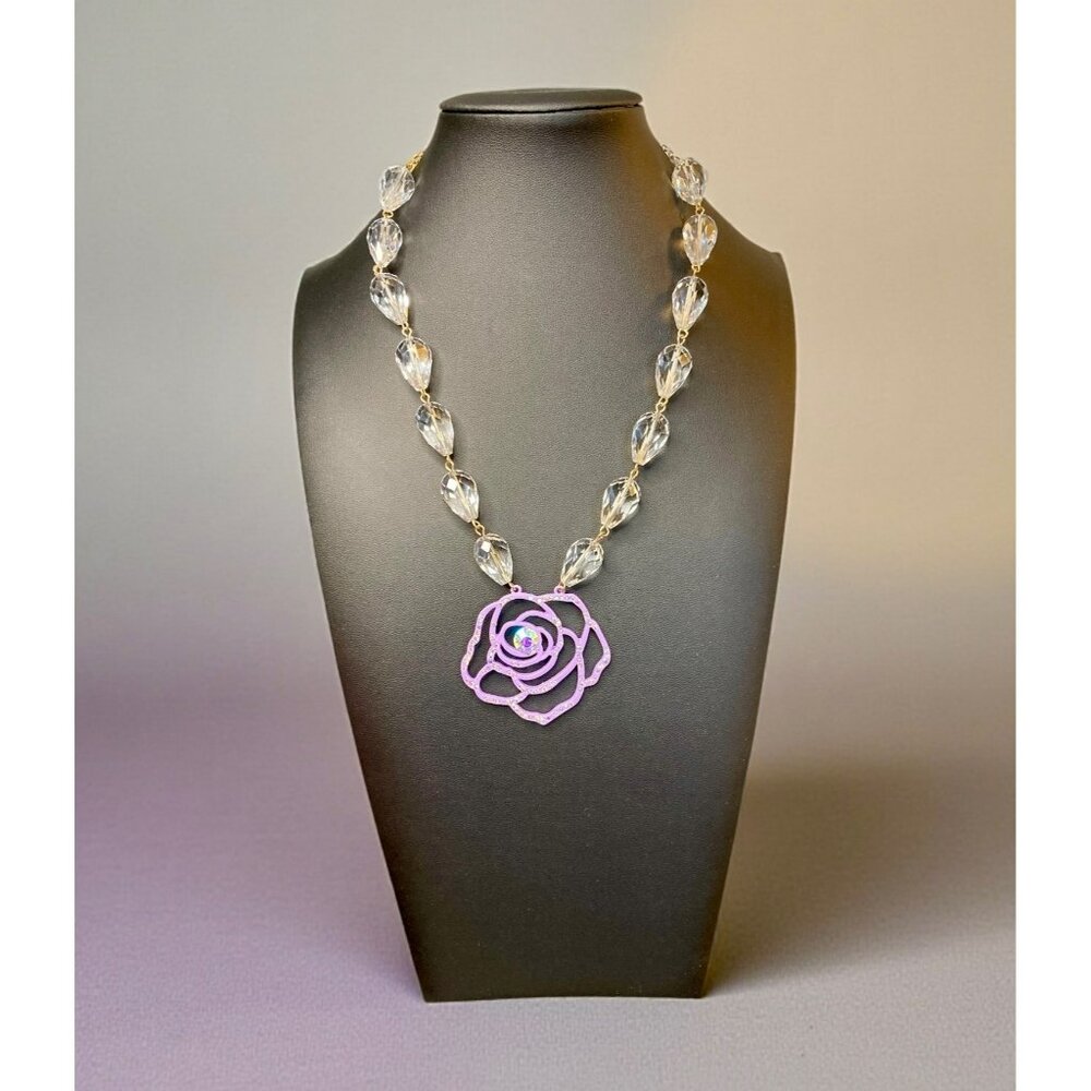 Betsey Johnson Flower Show Necklace Purple Rose Pendant Clear Beads-264